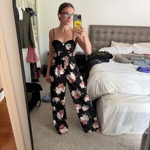 Land of Gypsies | Black Floral Jumpsuit w/ Corset-Like Bodice